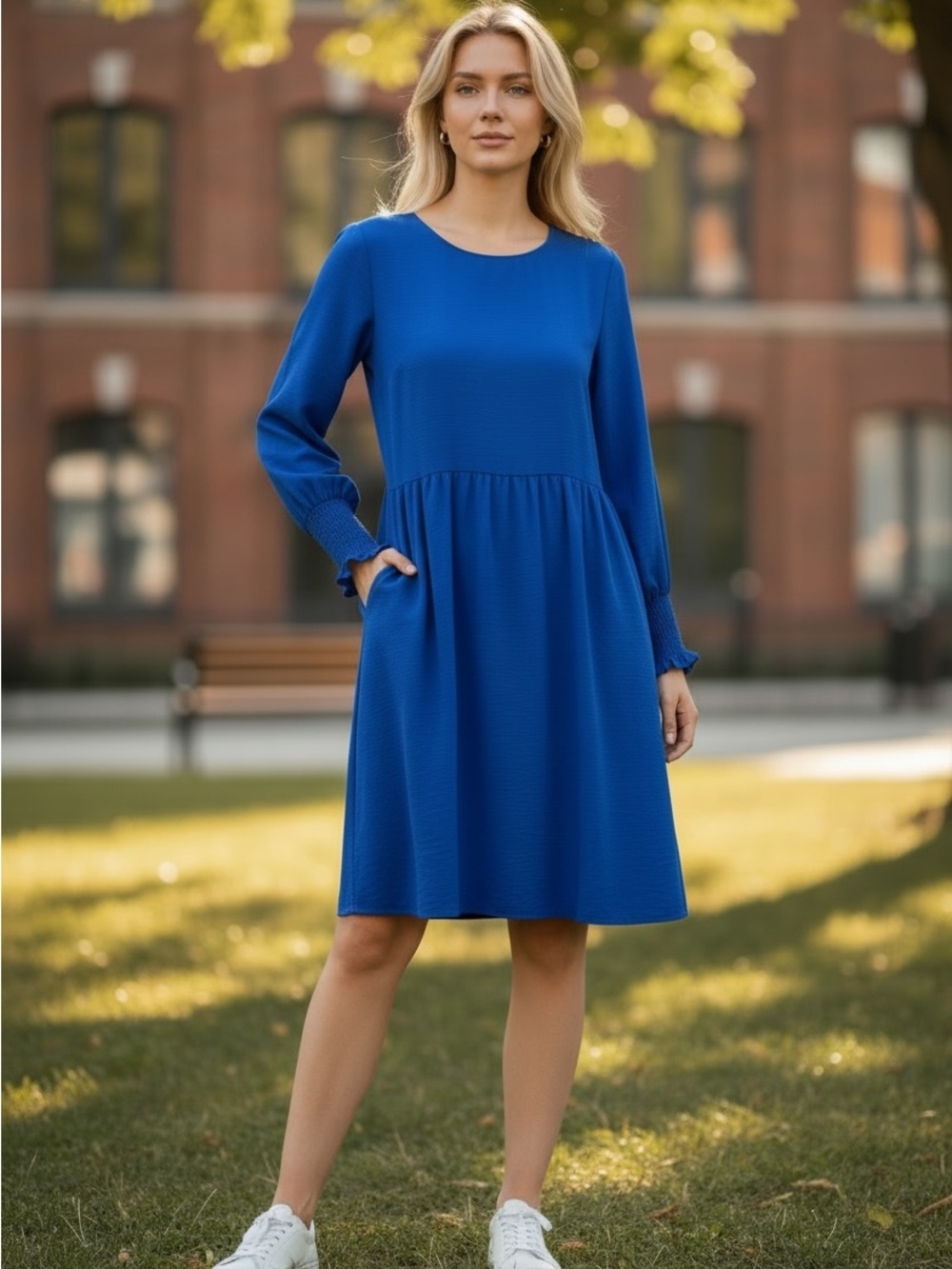 Blue Long-Sleeve Casual Dress for Women